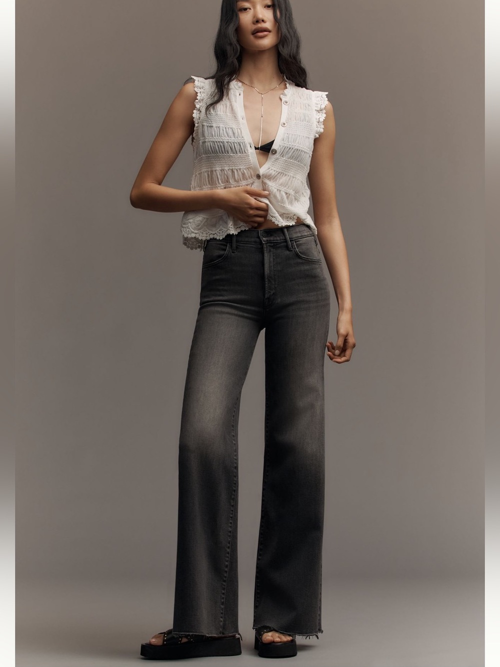 MOTHER High-Rise Wide Leg Jeans in Washed Black